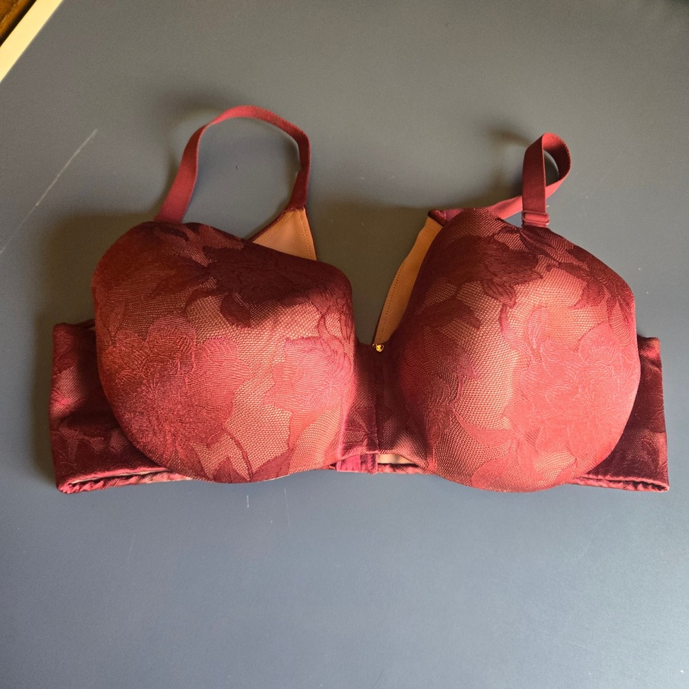 Cacique‎ Floral Lace Full Coverage Bra 42DD Wine Red Underwire